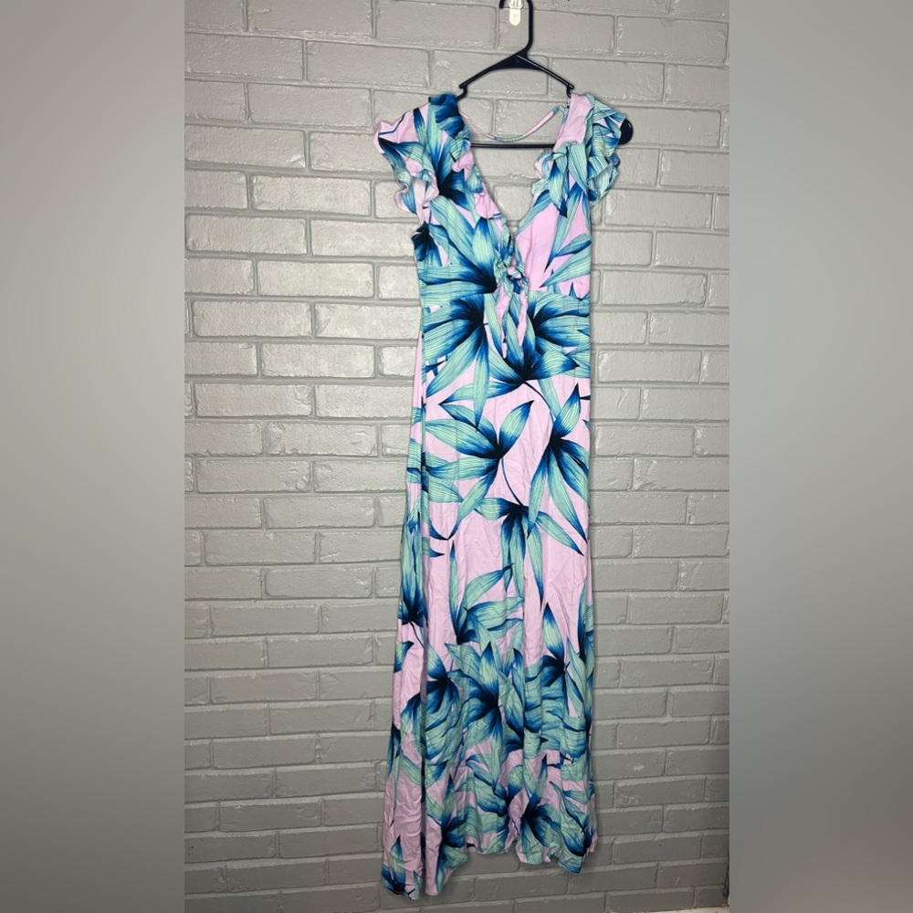 Olivaceous Tropical Leaf Print Tie Front Maxi Dress - Picture 8 of 16